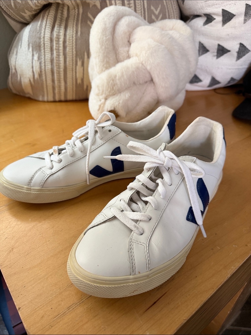 Veja White Leather Sneakers with Navy V Accent